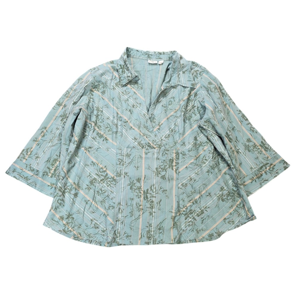 Cato Woman Floral Stripe V Neck Blouse Womens 26/28W Teal Green 3/4 Sleeve Top